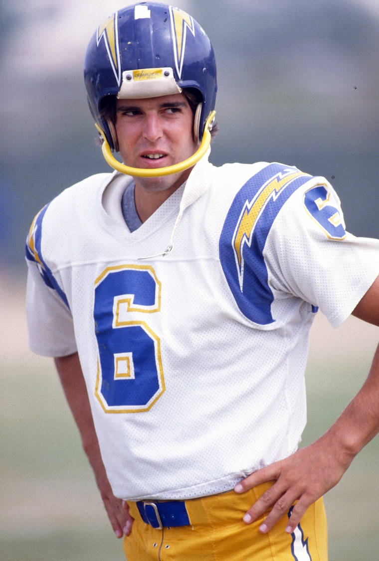 Rolf Benirschke #6 of the San Diego Chargers looks on during pregame warmups prior to the start of an NFL football game circa 1980 in San Diego.