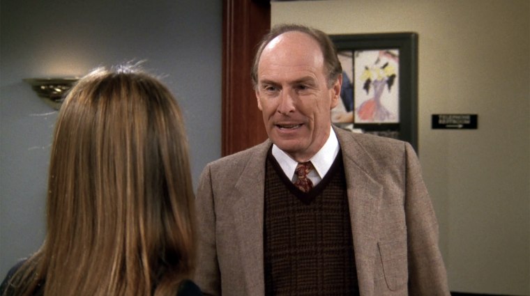 Paxton Whitehead as Mr. Waltham and Jennifer Aniston as Rachel in Friends episode "The One With Joey's Dirty Day."