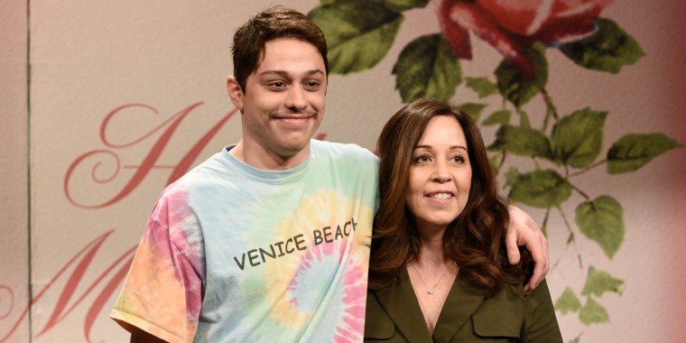 Pete Davidson and his mother, Amy, during the Mother's Day message cold open on "Saturday Night Live" on May 8, 2021.