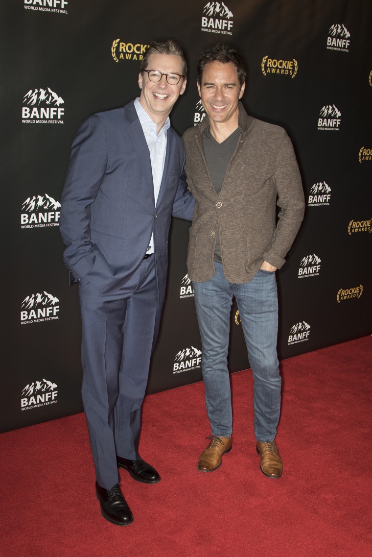 Sean Hayes and and Eric McCormack arrive at the Rockie Awards Gala Red Carpet for the Banff World Media Festival in the Fairmont Banff Springs Hotel on June 12, 2018 in Banff, Canada.