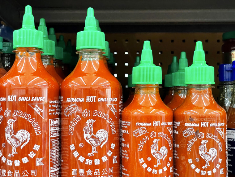 Bottles of Huy Fong Foods Sriracha sauce.