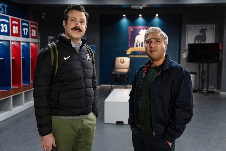 Jason Sudeikis as Ted Lasso and Nick Mohammed as Nathan Shelley in "Ted Lasso."