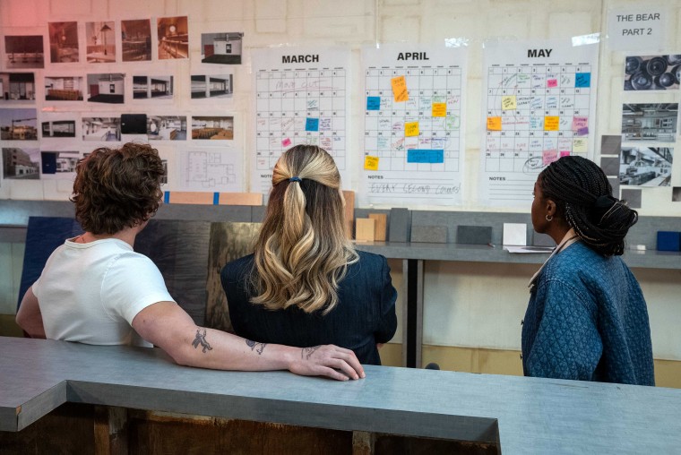 Jeremy Allen White as Carmen “Carmy” Berzatto, Abby Elliott as Natalie “Sugar” Berzatto and Ayo Edebiri as Sydney Adamu in Season Two of "The Bear." 