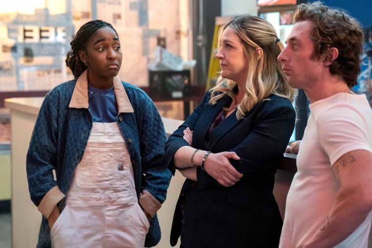 Jeremy Allen White as Carmen “Carmy” Berzatto, Abby Elliott as Natalie “Sugar” Berzatto and Ayo Edebiri as Sydney Adamu in Season Two of "The Bear." 