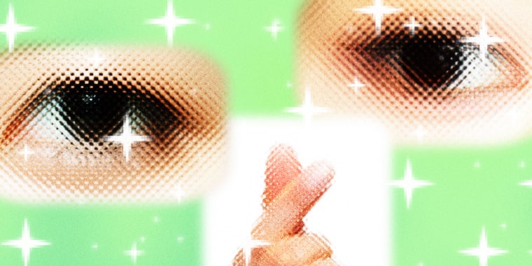 Close-ups of two Asian woman's eyes and a hand making a heart with its index finger and thumb, with sparkles overlaid.
