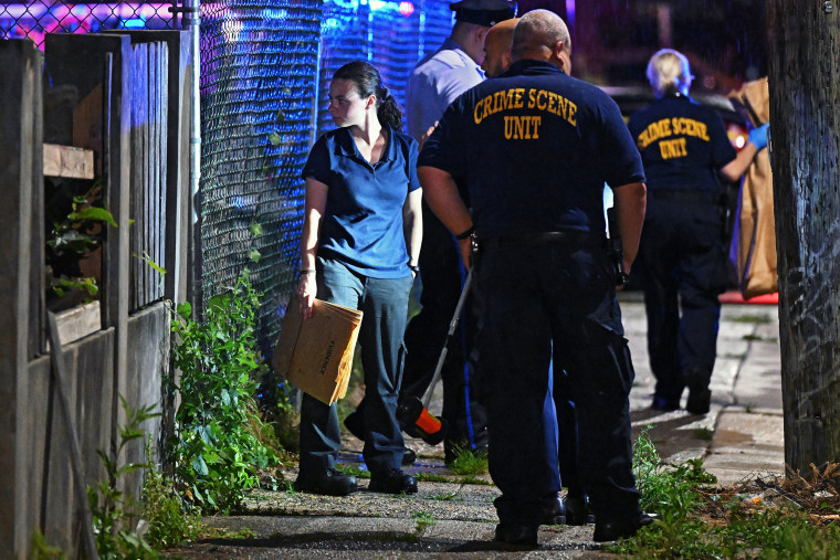 Police work the scene of a shooting on July 3, 2023 in Philadelphia, Pennsylvania. Early reports say the suspect is in custody after shooting 8 people in the Kingsessing section of Philadelphia on July 3rd.