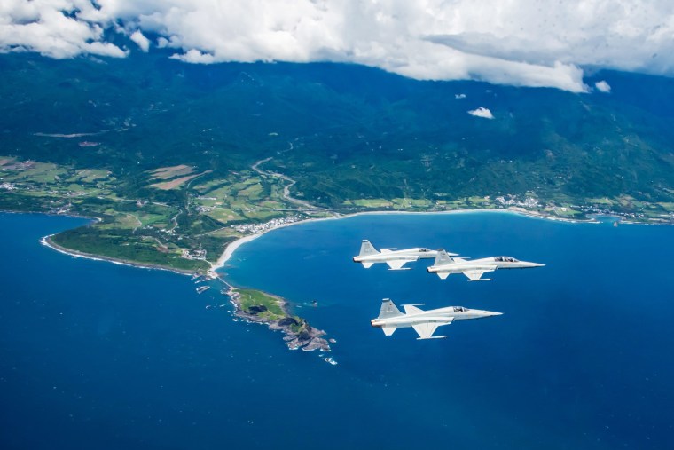 Pilots from the 7th Wing Air Base in Taitung during daily training off the east coast of Taiwan.