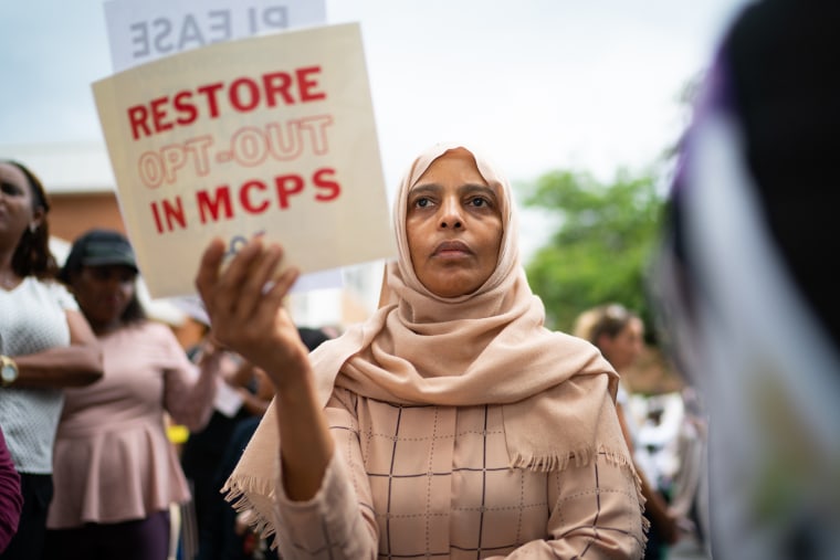 Parents protest to opt out of books that feature LGBTQ characters in Montgomery County schools  in Rockville, Md., last month.