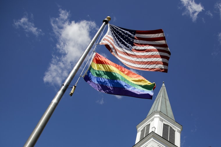 A Pride flag outside the Asbury United Methodist Church in Prairie Village, Kan., on April 19, 2019.