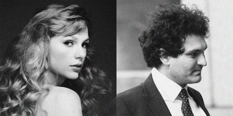 Black and white side by side of Taylor Swift and Sam Bankman-Fried.