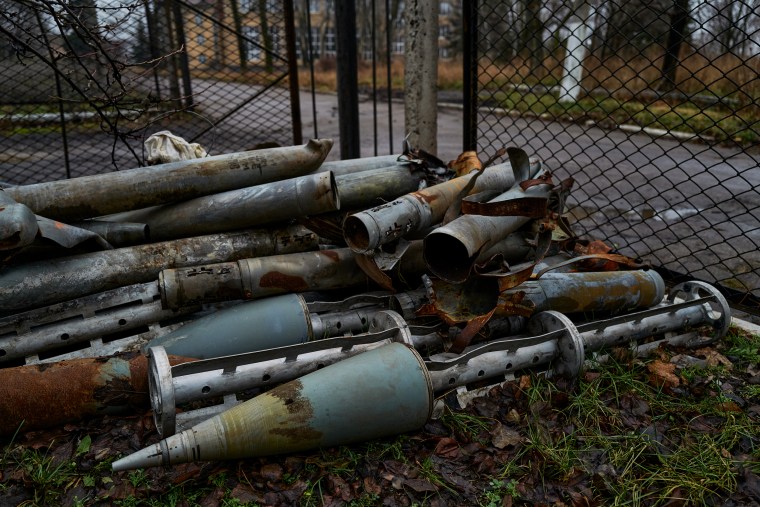The remains of artillery shells and missiles including cluster munitions in Toretsk, Ukraine, on Dec. 18, 2022.