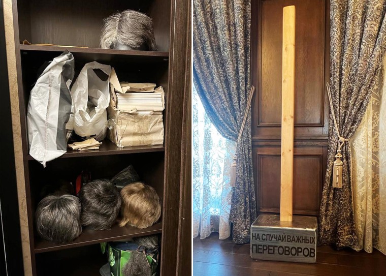 Wigs arranged in a closet space while an oversize novelty sledgehammer reads "For use in important negotiations" in Russian.