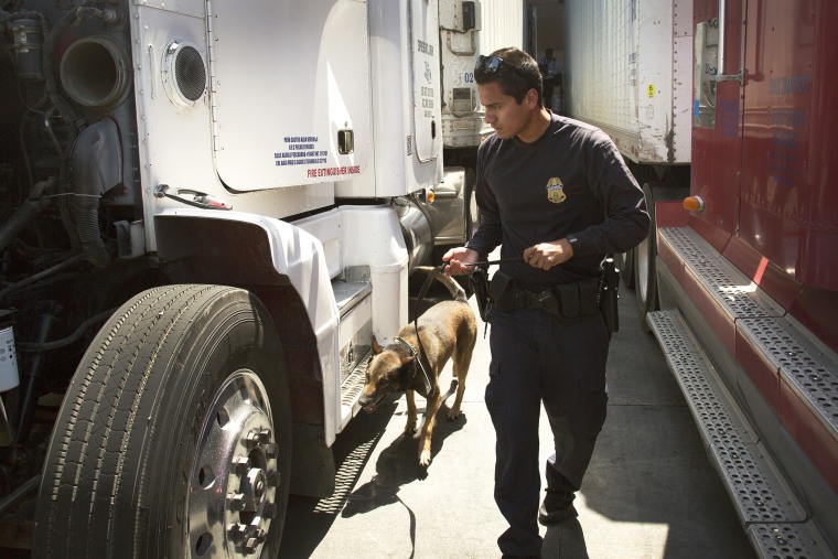 A U.S. Customs and Border Protection officer and his canine companion inspect a tractor trailer at the Otay Mesa, Calif., port of entry June 23, 2016.