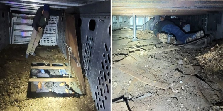 Arizona border agents found nine migrants traveling concealed in a cattle trailer, on the mezzanine of the trailer, lying on cardboard and dirt. on Oct. 5, 2022.