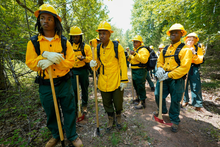 Wildland firefighter students from Alabama A&M and Tuskegee universities during a wildland firefighter training on June 9, 2023, in Hazel Green, Ala. 