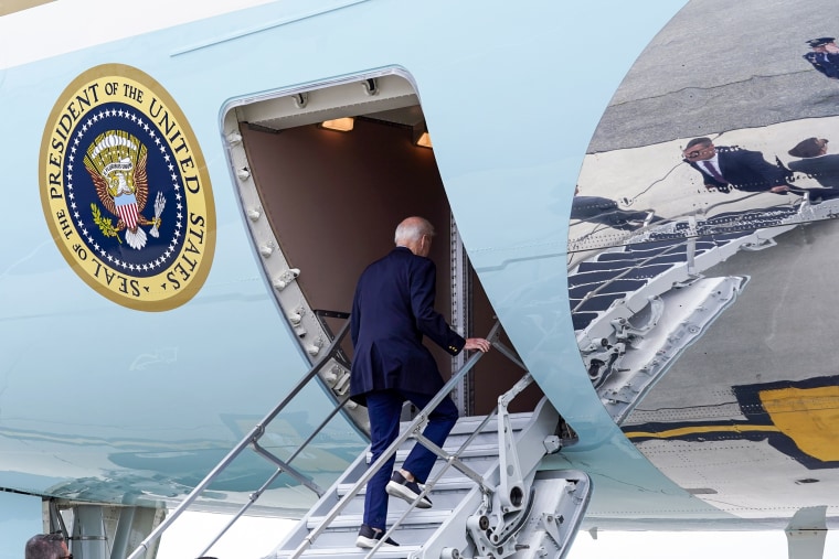 President Joe Biden boards Air Force One at Dover Air Force Base in Delaware, on July 9, 2023.