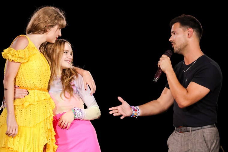 Taylor Swift, Joey King and Taylor Lautner during The Eras Tour in Kansas City, Mo., on July 7, 2023.
