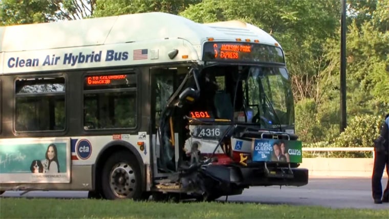 At least 16 people were injured after a car crashed into a bus in Chicago on July 9, 2023.