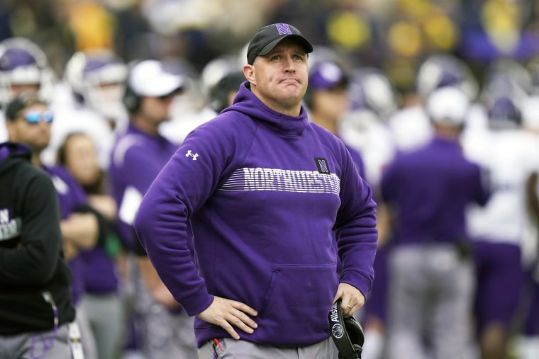FILE - Northwestern head coach Pat Fitzgerald stands on the sideline during the first half of an NCAA college football game against Michigan, Oct. 23, 2021, in Ann Arbor, Mich. Northwestern has fired Fitzgerald Monday, July 10, 2023, amid a hazing scandal that called into question his leadership of the program and damaged the university's reputation after it mishandled its response to the allegations.