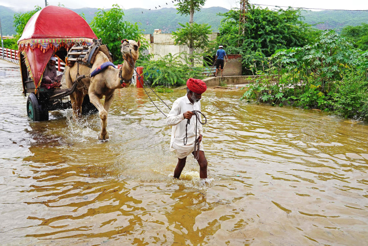 A man with his camel wade across a flooded street after heavy monsoon rains in Pushkar, in India's Rajasthan state on July 10, 2023. The summer monsoon brings South Asia 70-80 percent of its annual rainfall, as well as death and destruction due to flooding and landslides.