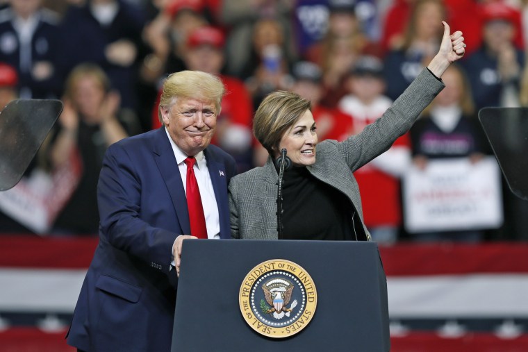 President Donald Trump and Iowa Gov. Kim Reynolds during a campaign rally at Drake University, on Jan. 30, 2020, in Des Moines.