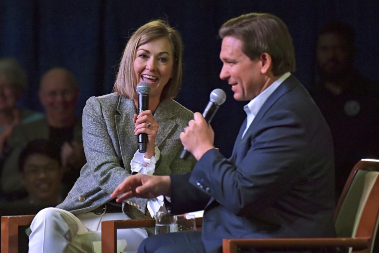 Florida Gov. Ron DeSantis speaks at an event with Iowa Gov. Kim Reynolds on March 10, 2023, in Davenport, Iowa.