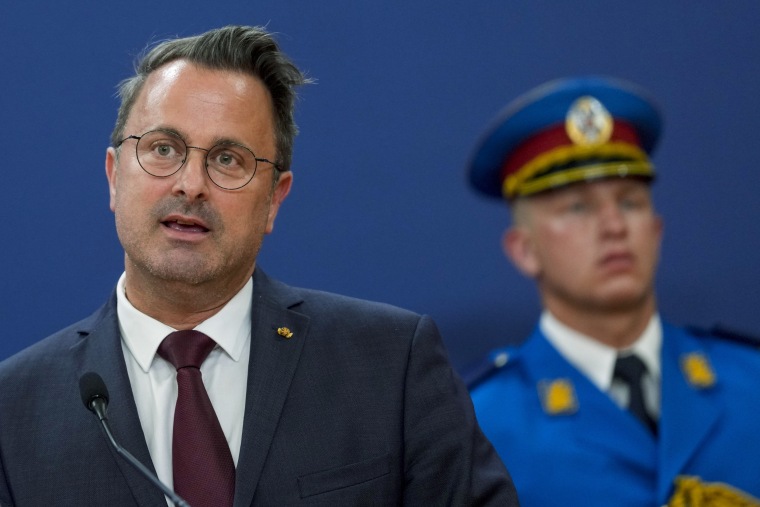 Luxembourg Prime Minister Xavier Bettel speaks at a news conference in Belgrade, Serbia, on July 3, 2023.