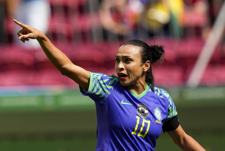 Brazil's Marta during a friendly soccer match against Chile in Brasilia, Brazil, on July 2, 2023.