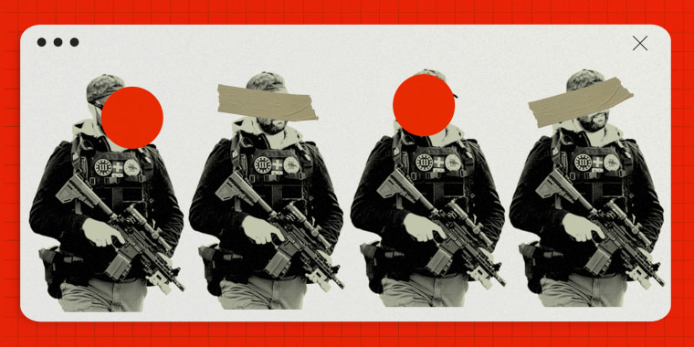 Collage of anonymous militia member holding assault rifle, repeated 4 times across the frame. Red circles and tape cover the faces.
