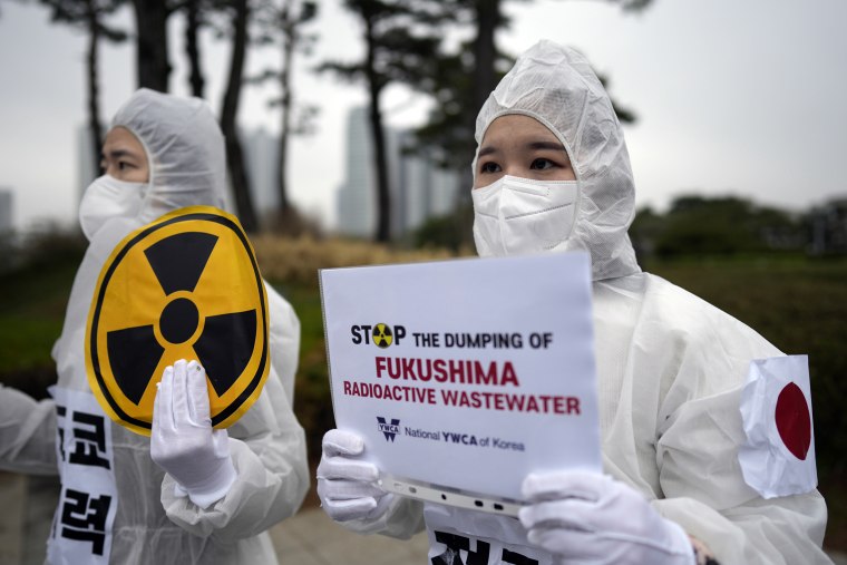 Demonstrators at a rally in Seoul, South Korea, in April against the release treated radioactive water from the Fukushima power plant.  
