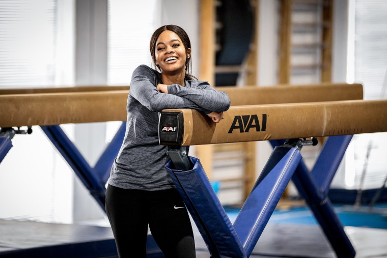 Olympic gymnast Gabby Douglas teaches Jay Pharoah gymnastics on the IMDb Series “Special Skills” in Los Angeles in 2020.