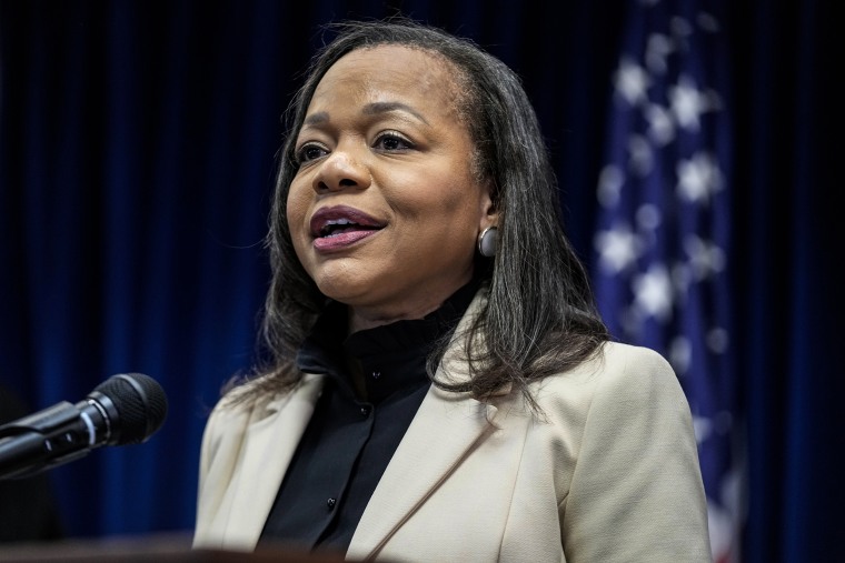Image: Assistant Attorney General Kristen Clarke of the Justice Department's Civil Rights Division during a news conference on June 16, 2023, in Minneapolis.