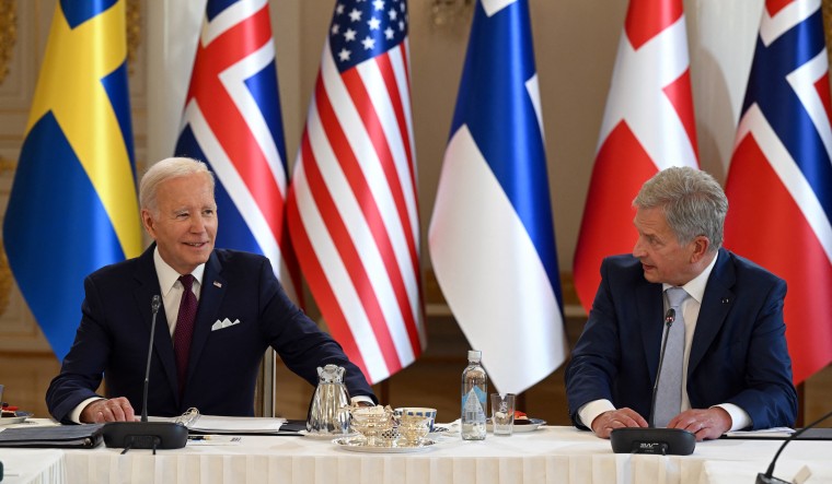 Joe Biden and Sauli Niinisto attend the US-Nordic Leaders' Summit in Helsinki, Finland