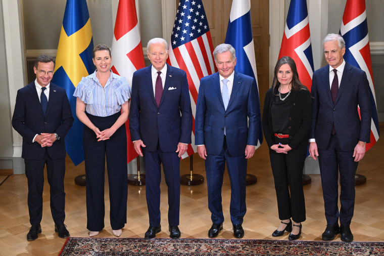 (L-R) Sweden's Prime Minister Ulf Kristersson, Denmark's Prime Minister Mette Frederiksen, US President Joe Biden, Finland's President Sauli Niinisto, Iceland's Prime Minister Katrin Jakobsdottir and Norway's Prime Minister Jonas Gahr Store pose for the family photo of the US-Nordic Leaders' Summit at the presidential palace in Helsinki, Finland, on July 13, 2023. US President Joe Biden travelled to Britain on July 9, 2023, to a NATO summit in Lithuania and will end the trip to Europe on July 13, 2023 in Finland.