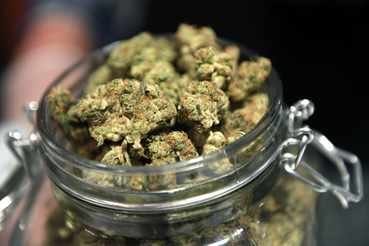 A jar of marijuana at a dispensary in Ordway, Colo.