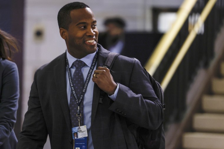 Rep.-elect John James, R-Mich., arrives at the Capitol on Nov. 14, 2022.