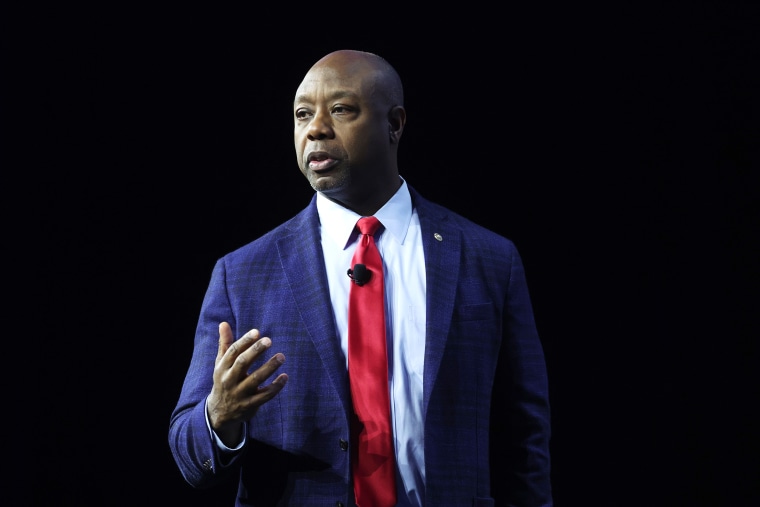 Republican presidential candidate, U.S. Sen. Tim Scott (R-SC) speaks to guests at the Family Leadership Summit on July 14, 2023 in Des Moines, Iowa. Several Republican presidential candidates were scheduled to speak at the event, billed as â€œThe Midwestâ€™s largest gathering of Christians seeking cultural transformation in the family, Church, government, and more.