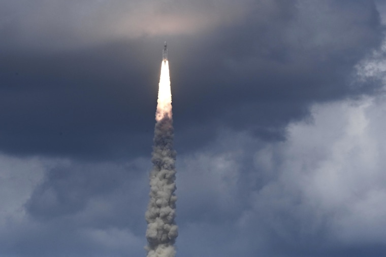 India on July 14 launched a rocket seeking to land an unmanned spacecraft on the surface of the Moon, a live feed showed, its second attempt to become only the fourth country to do so. (Photo by R. Satish BABU / AFP) (Photo by R. SATISH BABU/AFP via Getty Images)