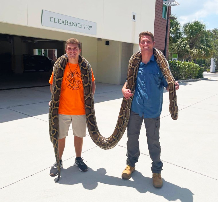 Stephen Gauta and Jake Waleri with the longest Burmese python caught in Florida.