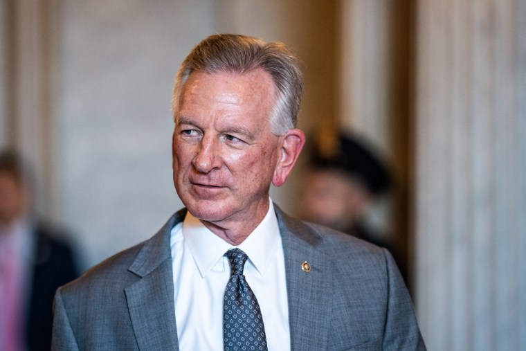 Tommy Tuberville, R-Ala., speaks to reporters outside the Senate chamber in the Capitol on July 13, 2023.
