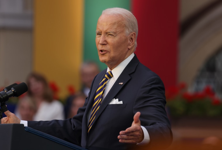 President Joe Biden speaks to a crowd July 12, 2023, in Vilnius, Lithuania, where he was participating in the 2023 NATO Summit.