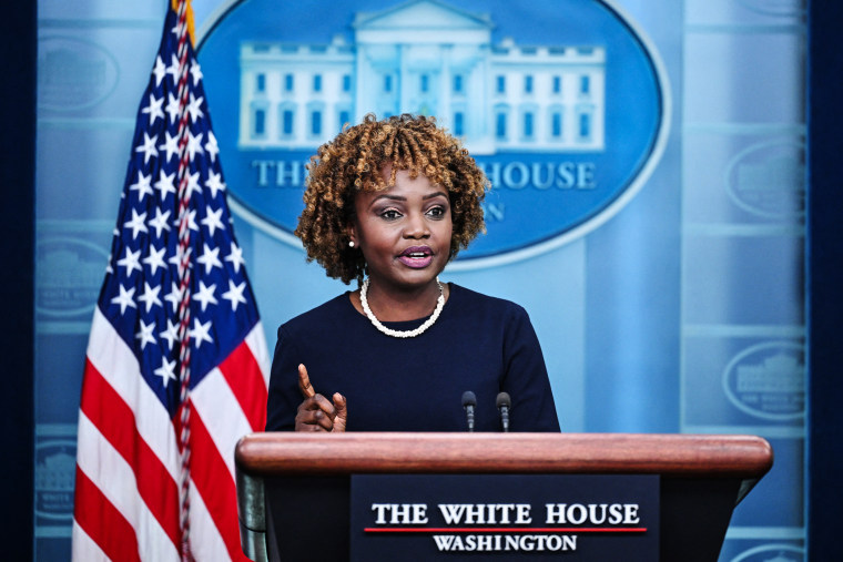 Image: White House Press Secretary Karine Jean-Pierre speaks during the daily briefing in the James S Brady Press Briefing Room at the White House on July 17, 2023.