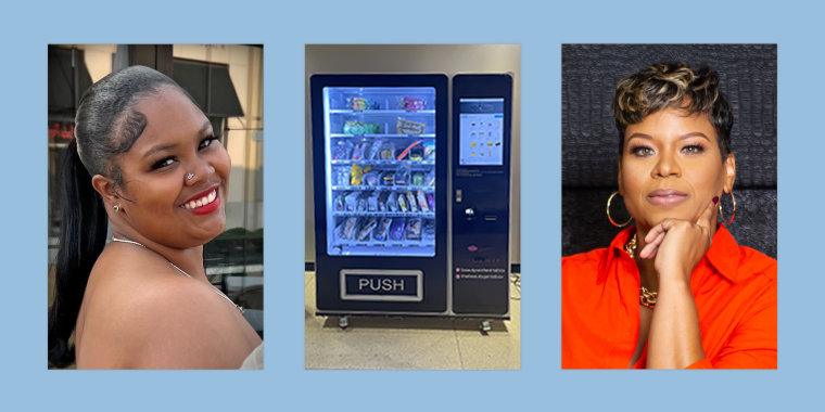 Rahya Kelley, a rising senior at Olivet College, a Beauty Genie vending machine, and the company's CEO, Ebony Karim.