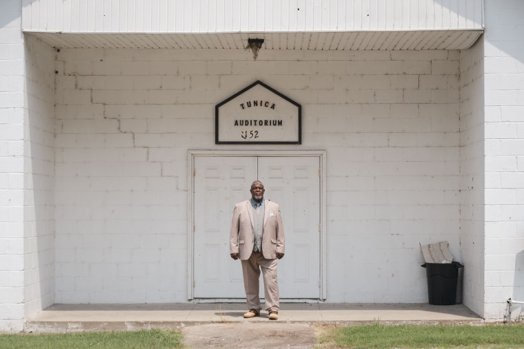 Joe Eddie Hawkins, former road manager in Tunica, outside the Tunica Auditorium in the Old Sub neighborhood of Tunica.