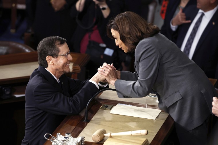 Israeli President Isaac Herzog shakes hands with U.S. Vice President Kamala Harris as he addresses a joint meeting of the U.S. Congress at the U.S. Capitol on July 19, 2023 in Washington, DC. Herzog's speech on the floor of the House of Representatives stirred controversy as some liberal Democrats planned to boycott of the Israeli presidentâ€™s speech, underscoring tensions between the two countries.