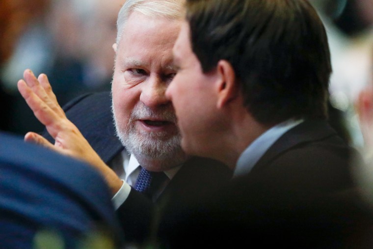 Hillsdale College President Dr. Larry Arnn with Florida Gov. Ron DeSantis before he speaks at the college on April 6, 2023.