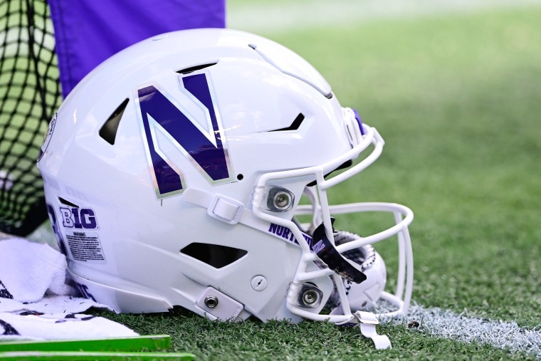 ORLANDO, FL - JANUARY 01: General view of a Northwestern Wildcats helmet during the second quarter against the Auburn Tigers during the Vrbo Citrus Bowl at Camping World Stadium on January 1, 2021 in Orlando, Florida.