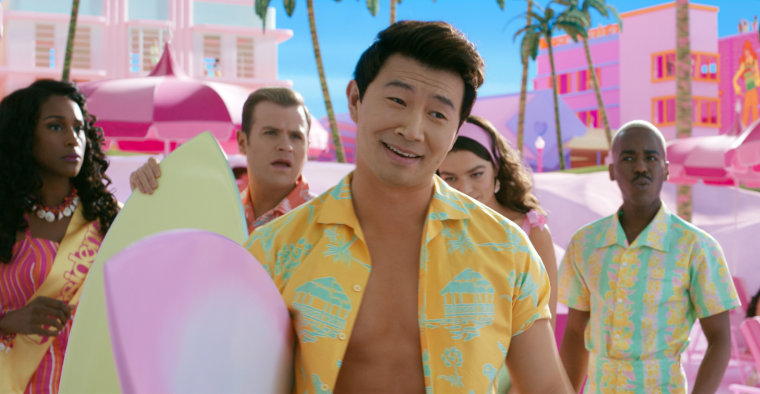 From left, Issa Rae, Scott Evans, Simu Liu, Emma Mackey and Ncuti Gatwa in "Barbie." 