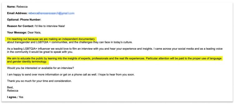 Screenshot of an email sent to Naia Ōkami requesting an interview with her for the transgender documentary on Sept. 8, 2021.