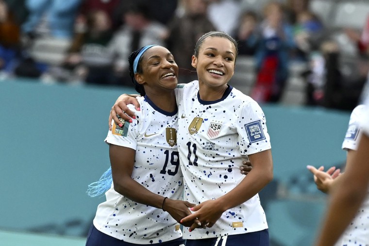 United States' Sophia Smith, right, celebrates with United States' Crystal Dunn after scoring her side's 2nd goal during the Women's World Cup Group E soccer match between the United States and Vietnam at Eden Park in Auckland, New Zealand, Saturday, July 22, 2023.